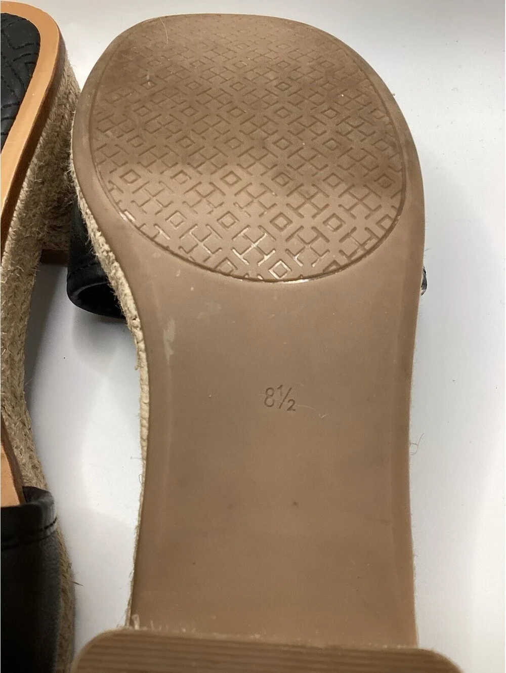 TORY BURCH Quilted Fleming Woven Wedge Espadrille Sandal Size 8.5 Black Leather